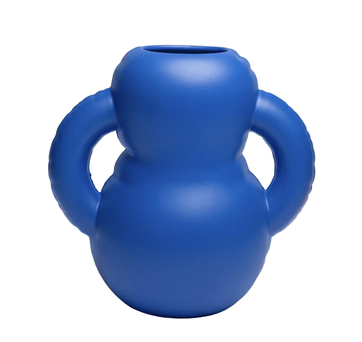 A deep indigo blue ceramic vase with a matte finish and a curved silhouette.