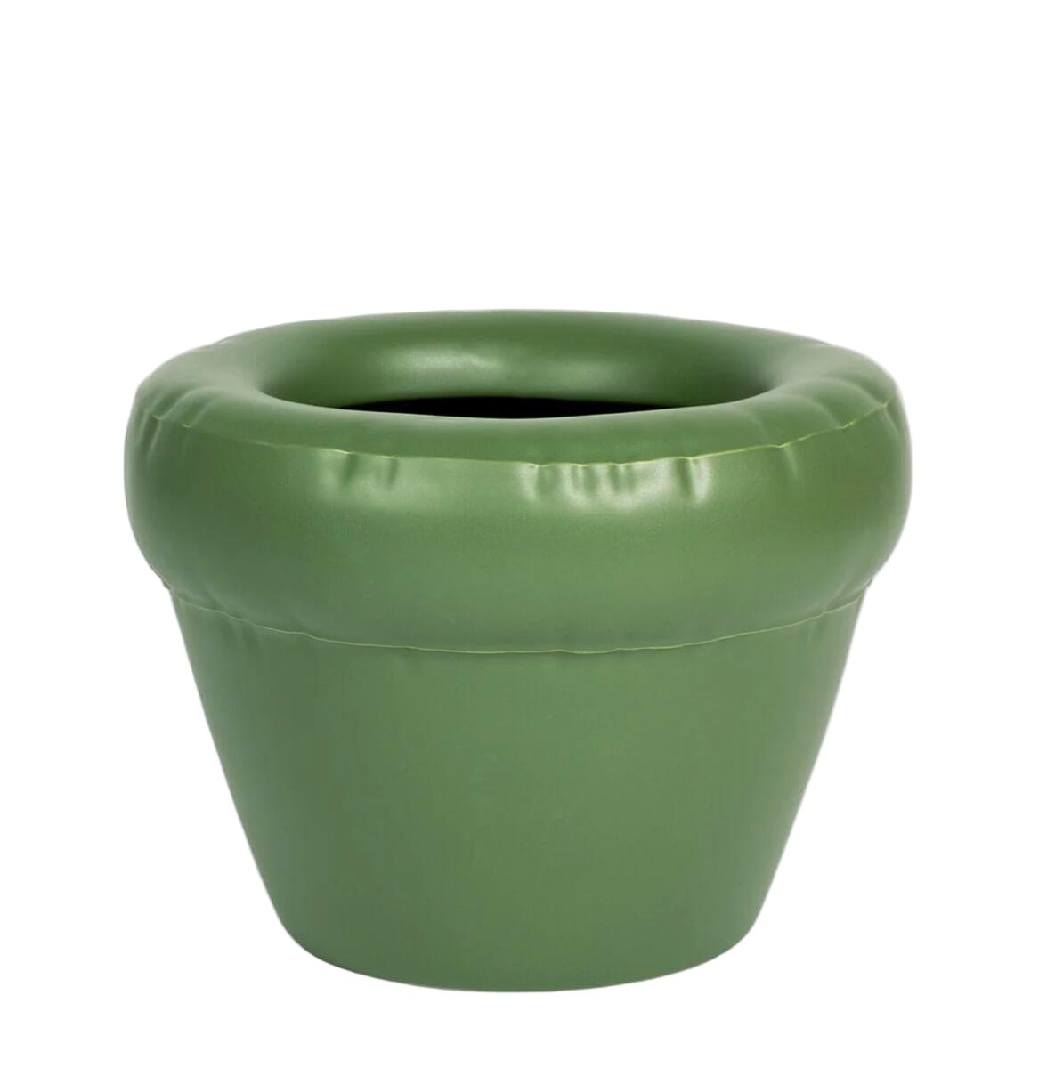 A moss green ceramic planter with a sculptural shape and smooth matte finish.