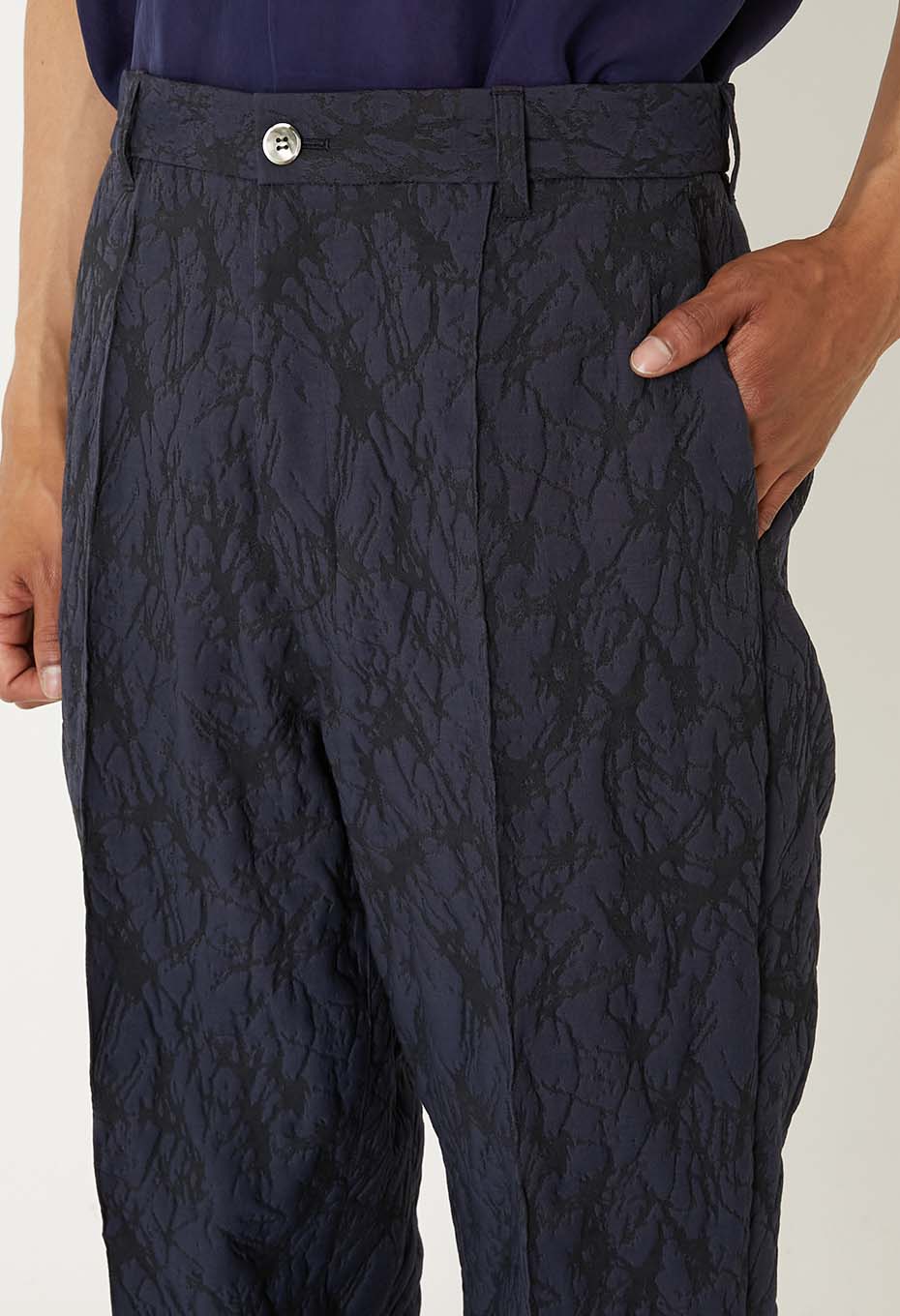 Mens Woven Glass Pattern Jacquard Trousers Dark Navy