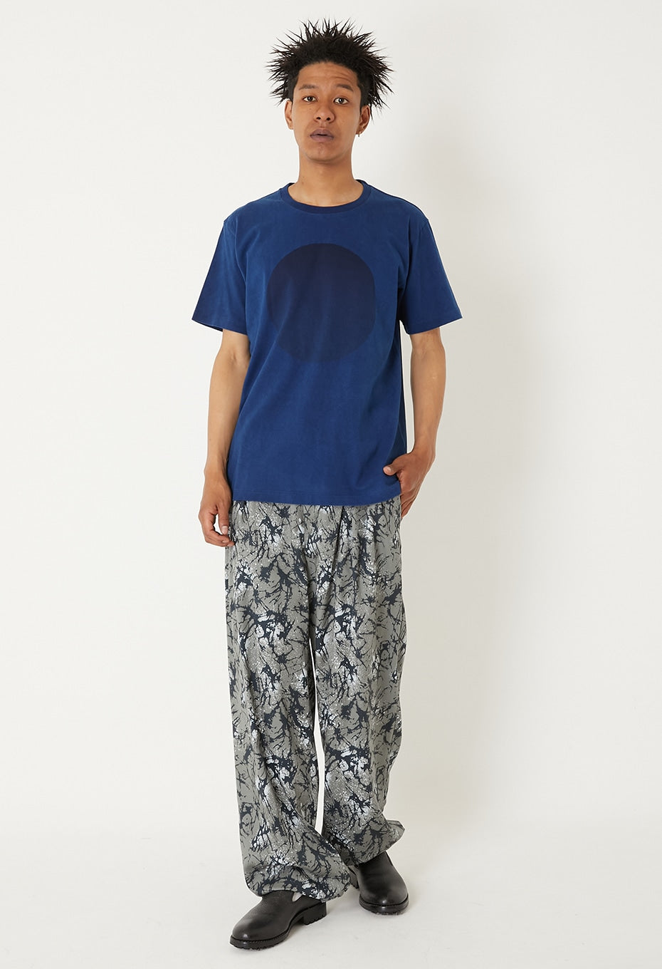 Unisex Knitted Indigo Big Circle Printed SS Tee Indigo