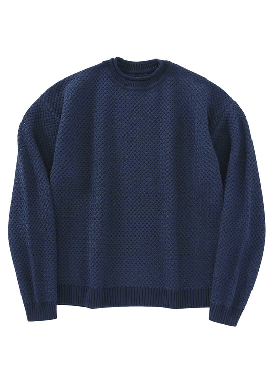 Knitted Washi Paper Yarn Openwork Crew Neck Pullover Dark Navy