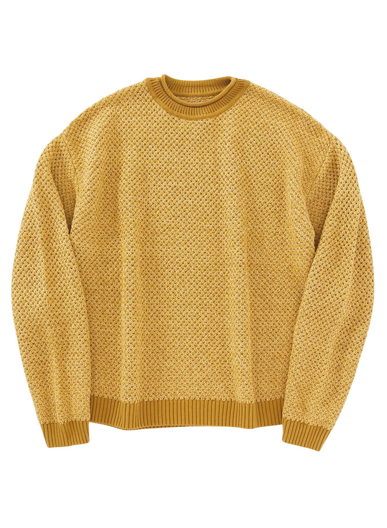 Knitted Washi Paper Yarn Openwork Crew Neck Pullover Mustard