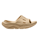 Beige sandal with 'Hoka' branding on a white background