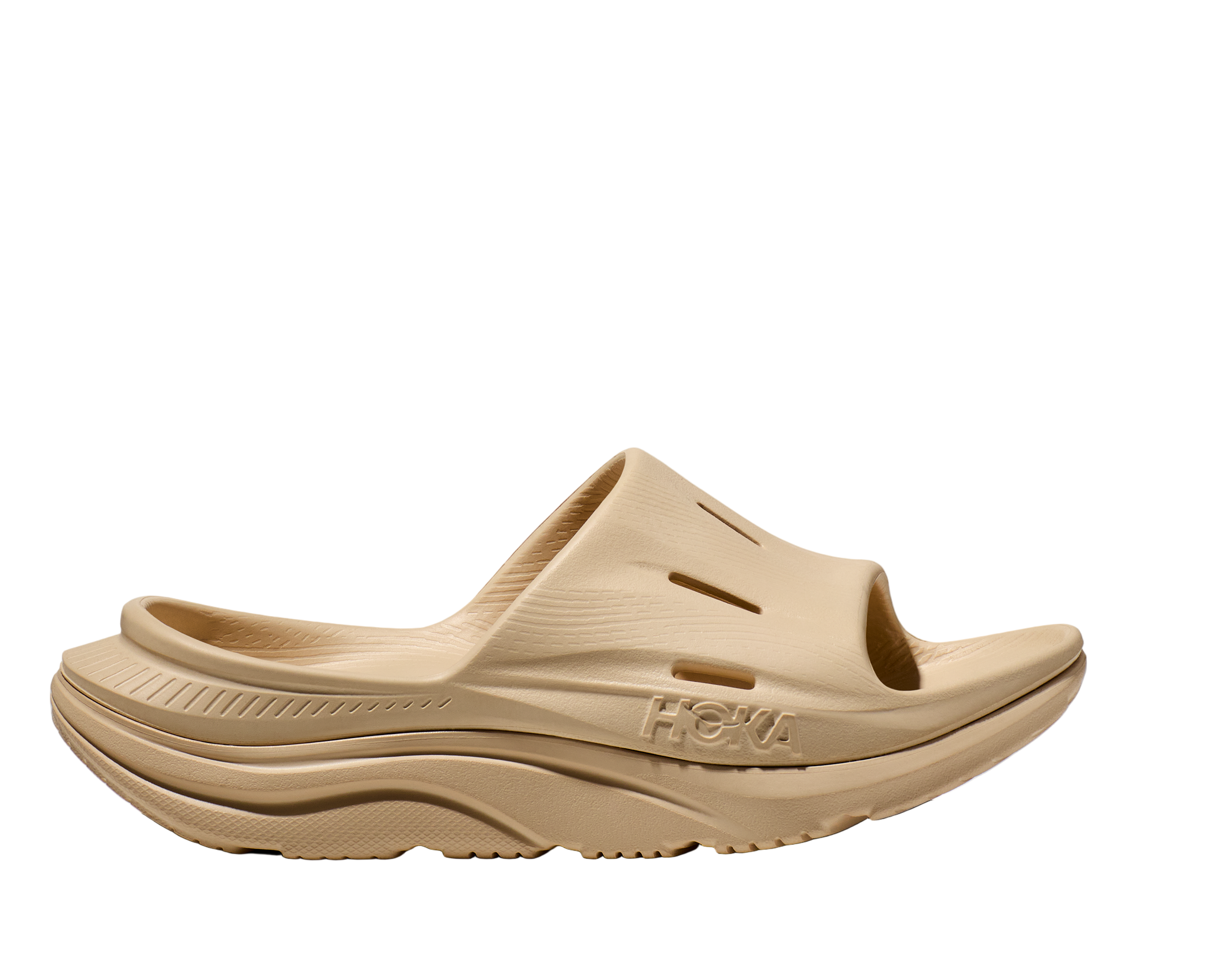 Beige sandal with 'Hoka' branding on a white background