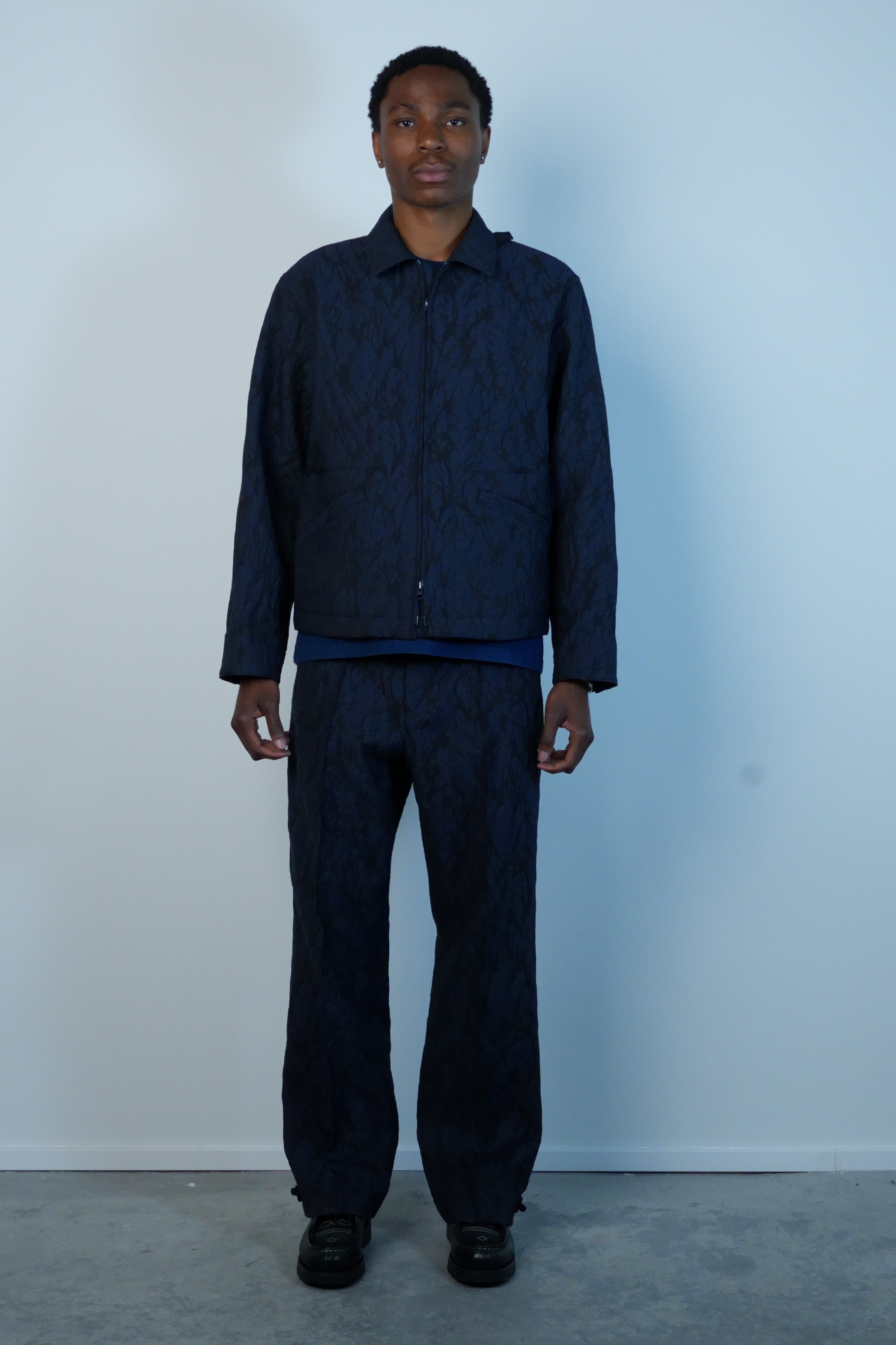 Mens Woven Glass Pattern Jacquard Zip Up Jacket Dark Navy