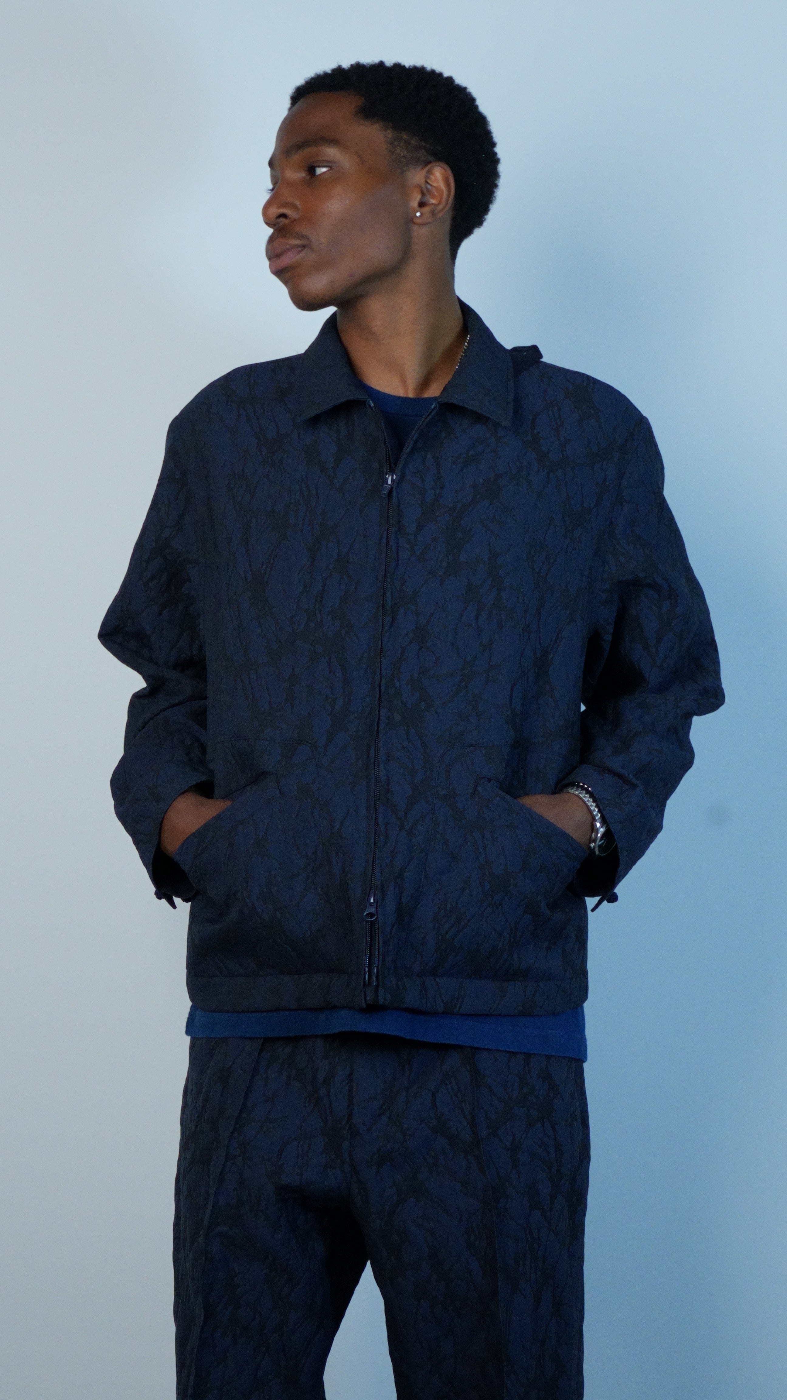 Mens Woven Glass Pattern Jacquard Zip Up Jacket Dark Navy
