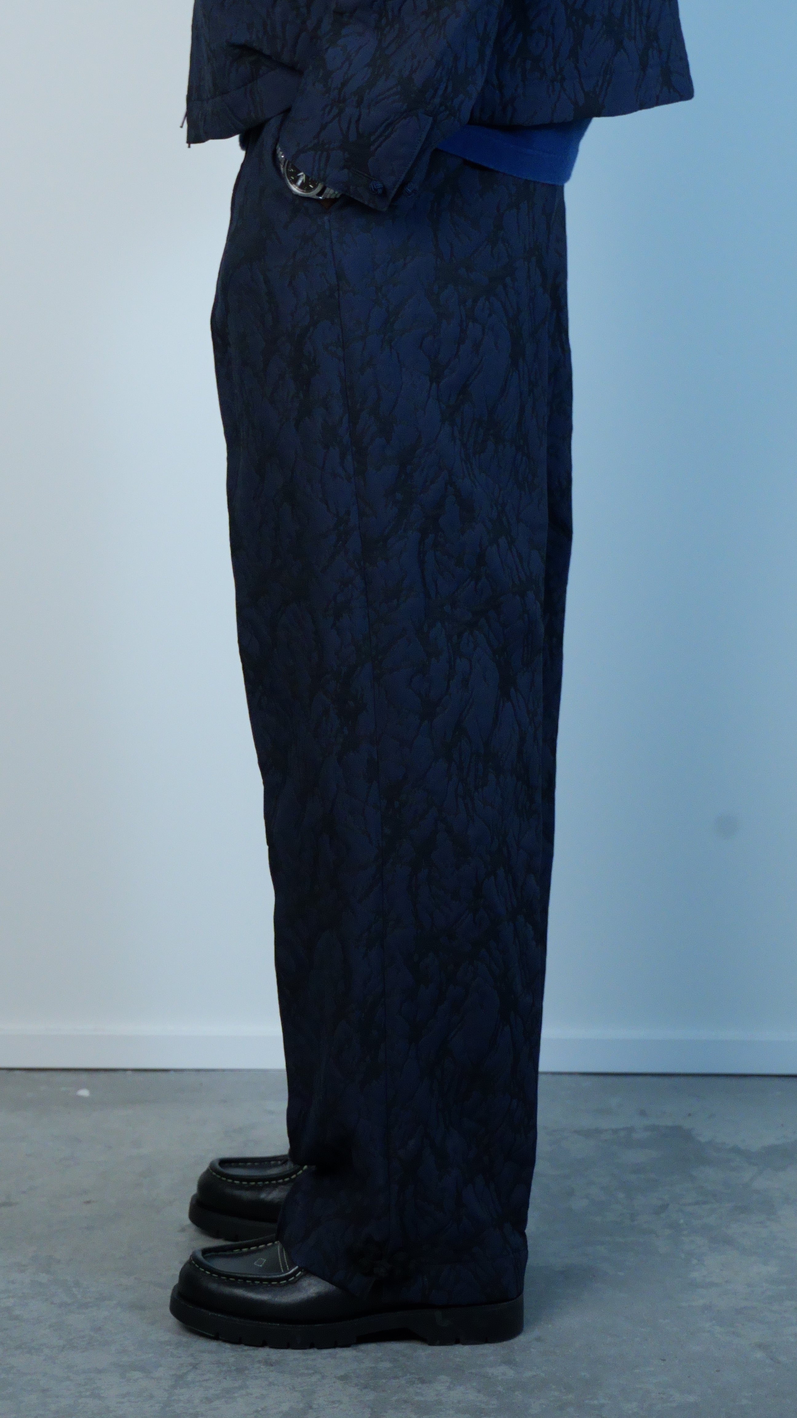 Mens Woven Glass Pattern Jacquard Trousers Dark Navy