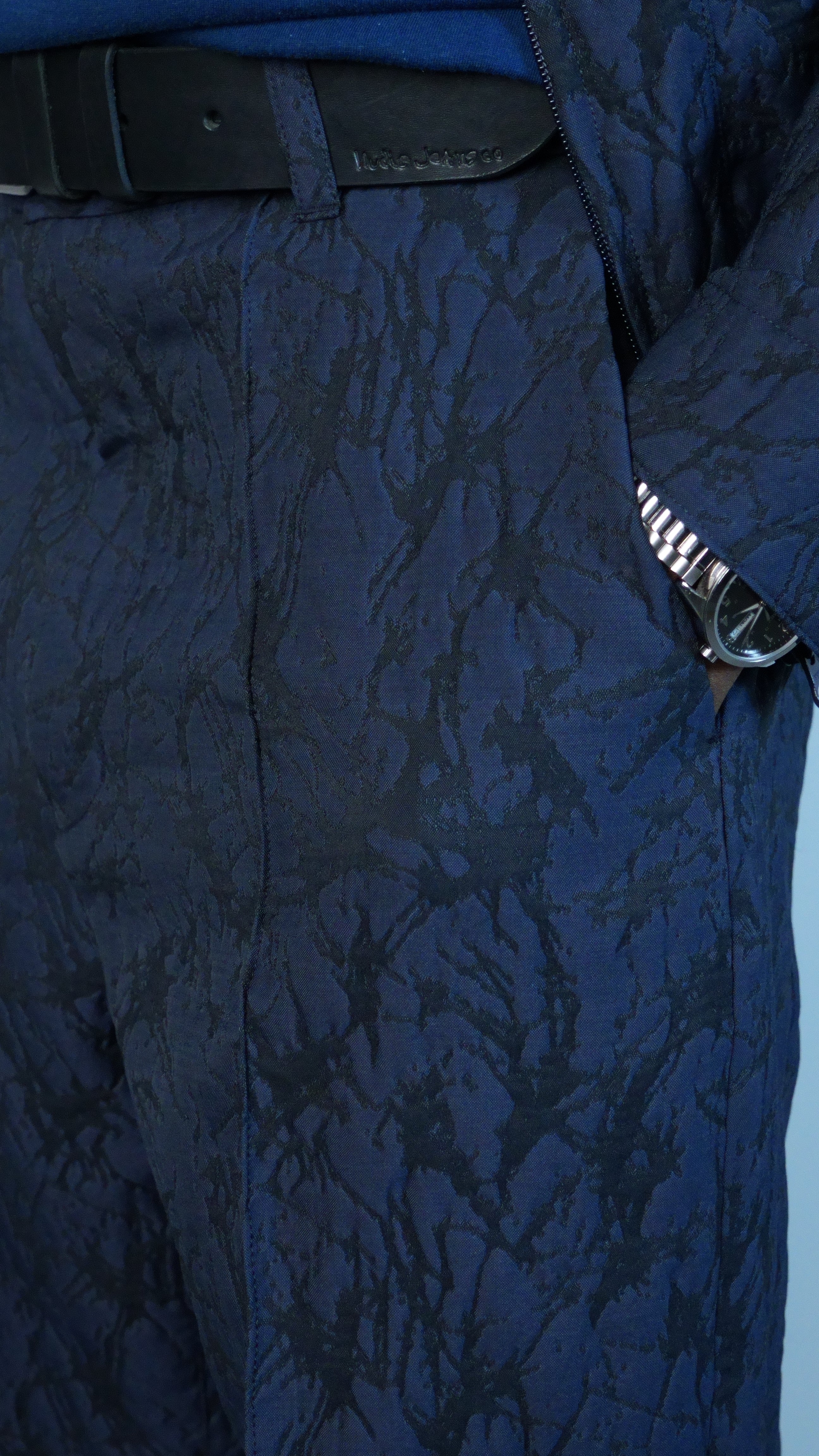 Mens Woven Glass Pattern Jacquard Trousers Dark Navy