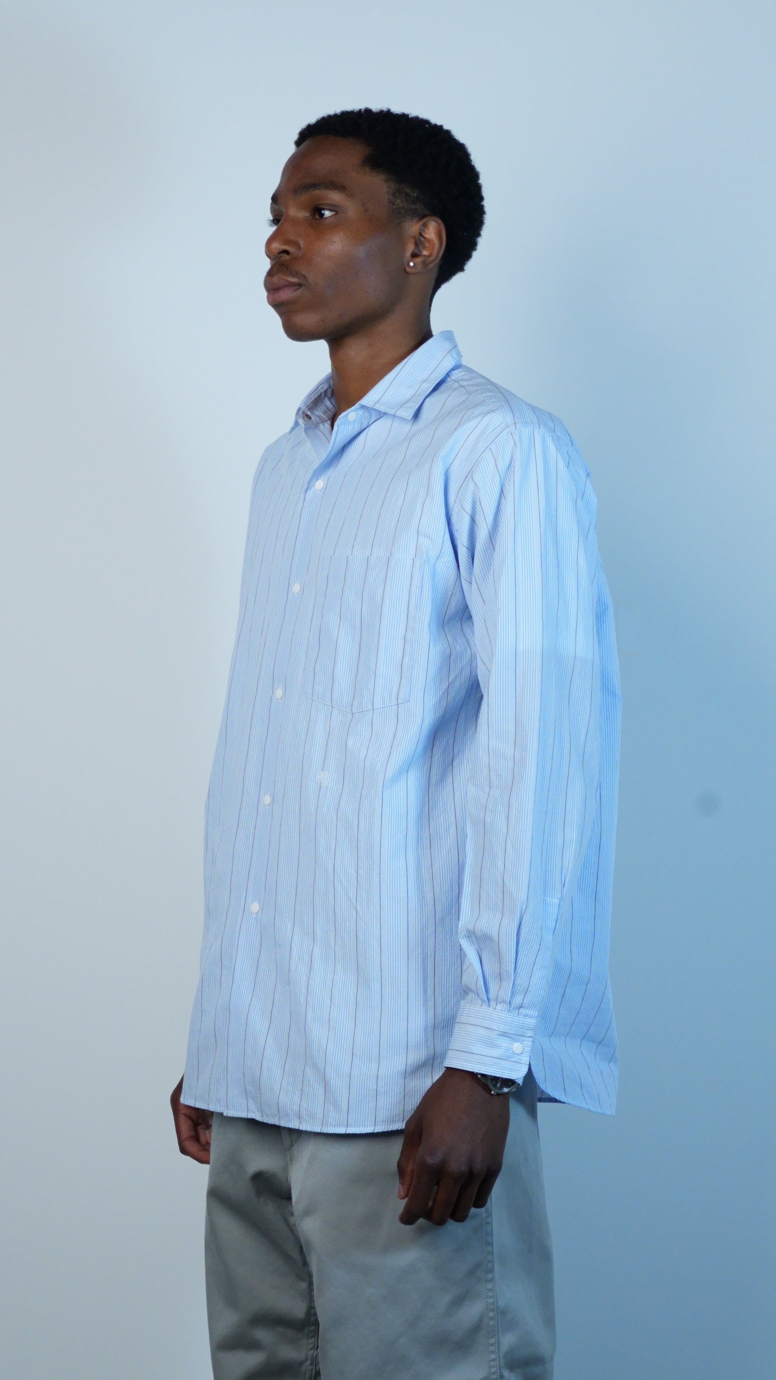 Regular Collar Stripe Wind Shirt Sax