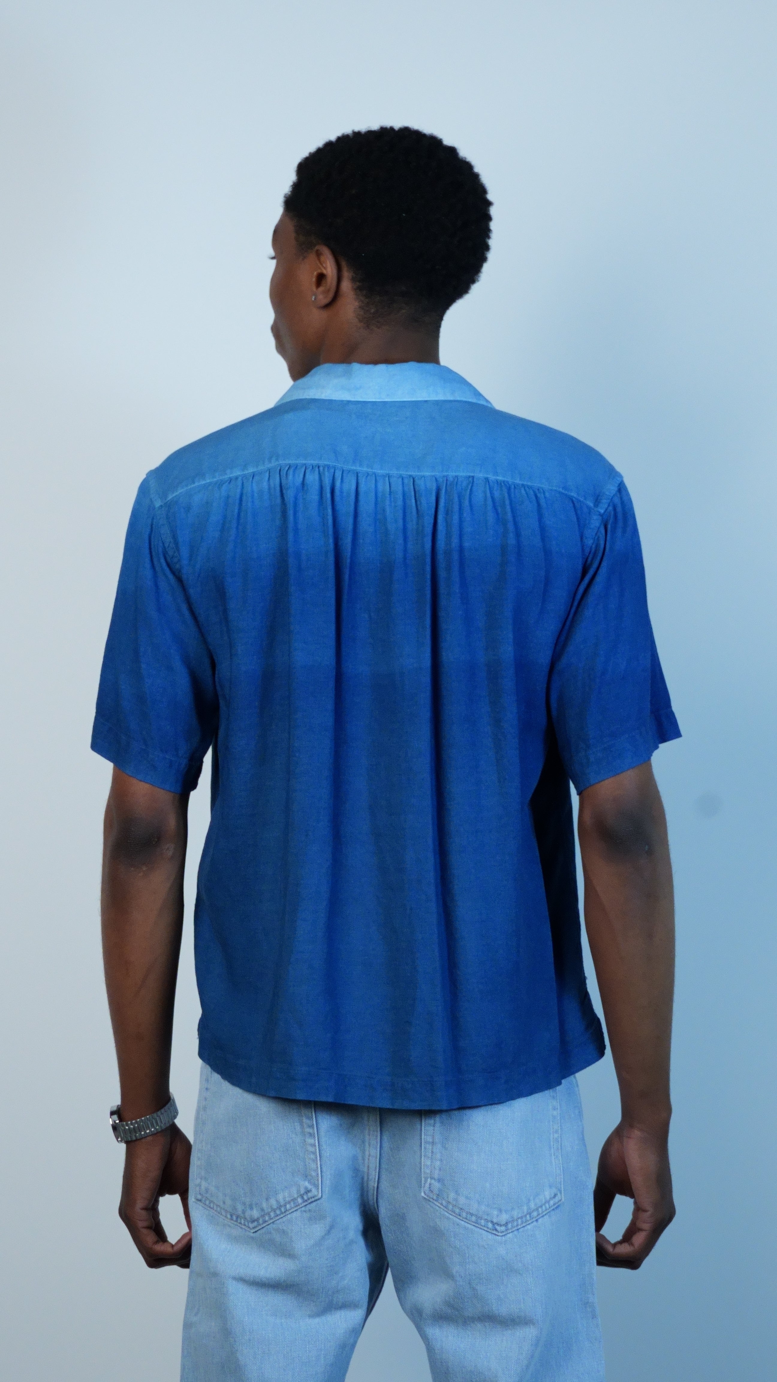 Mens Woven Indigo Hand Dyed Graduation Linen SS Shirt Indigo