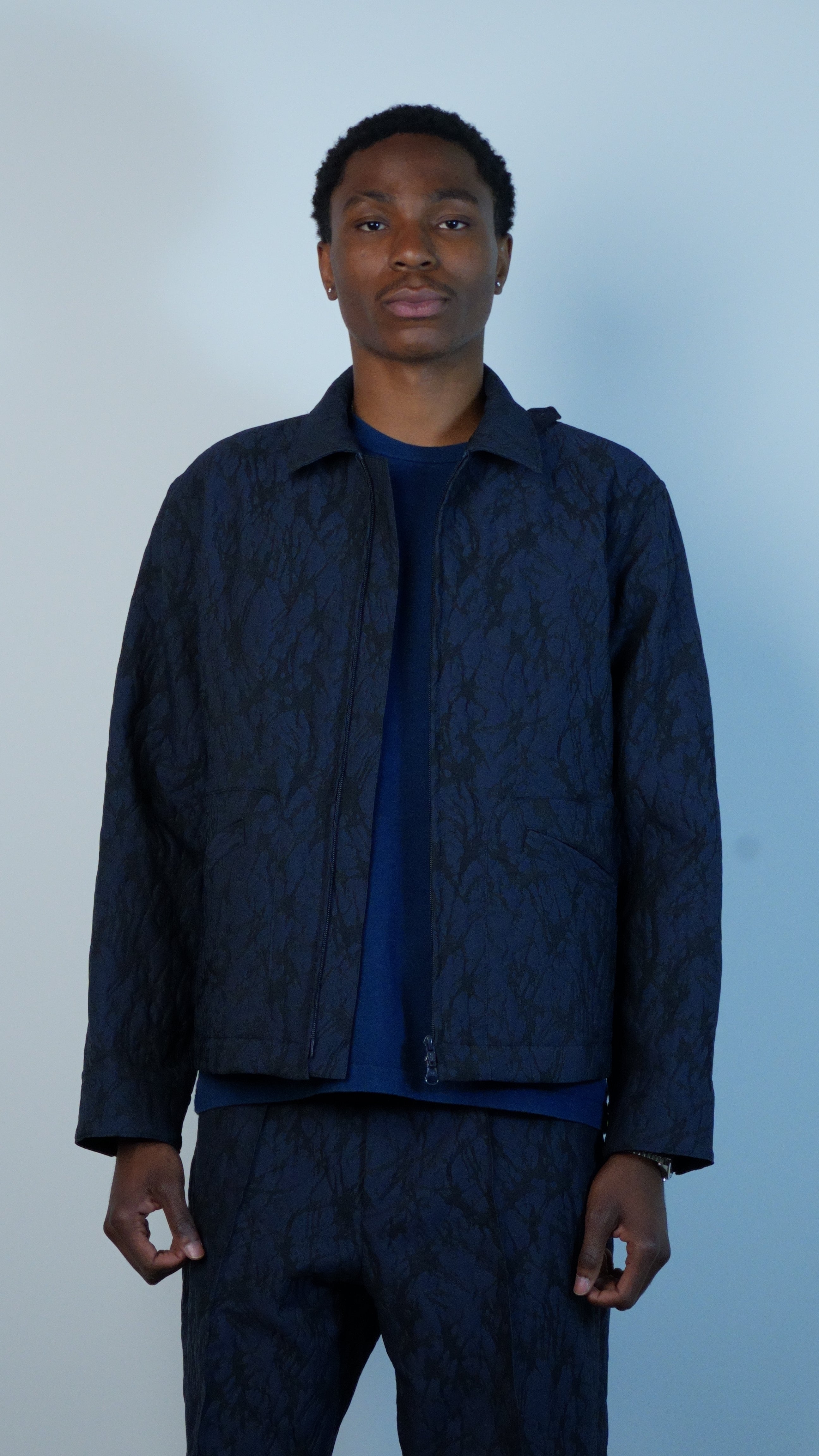 Mens Woven Glass Pattern Jacquard Zip Up Jacket Dark Navy