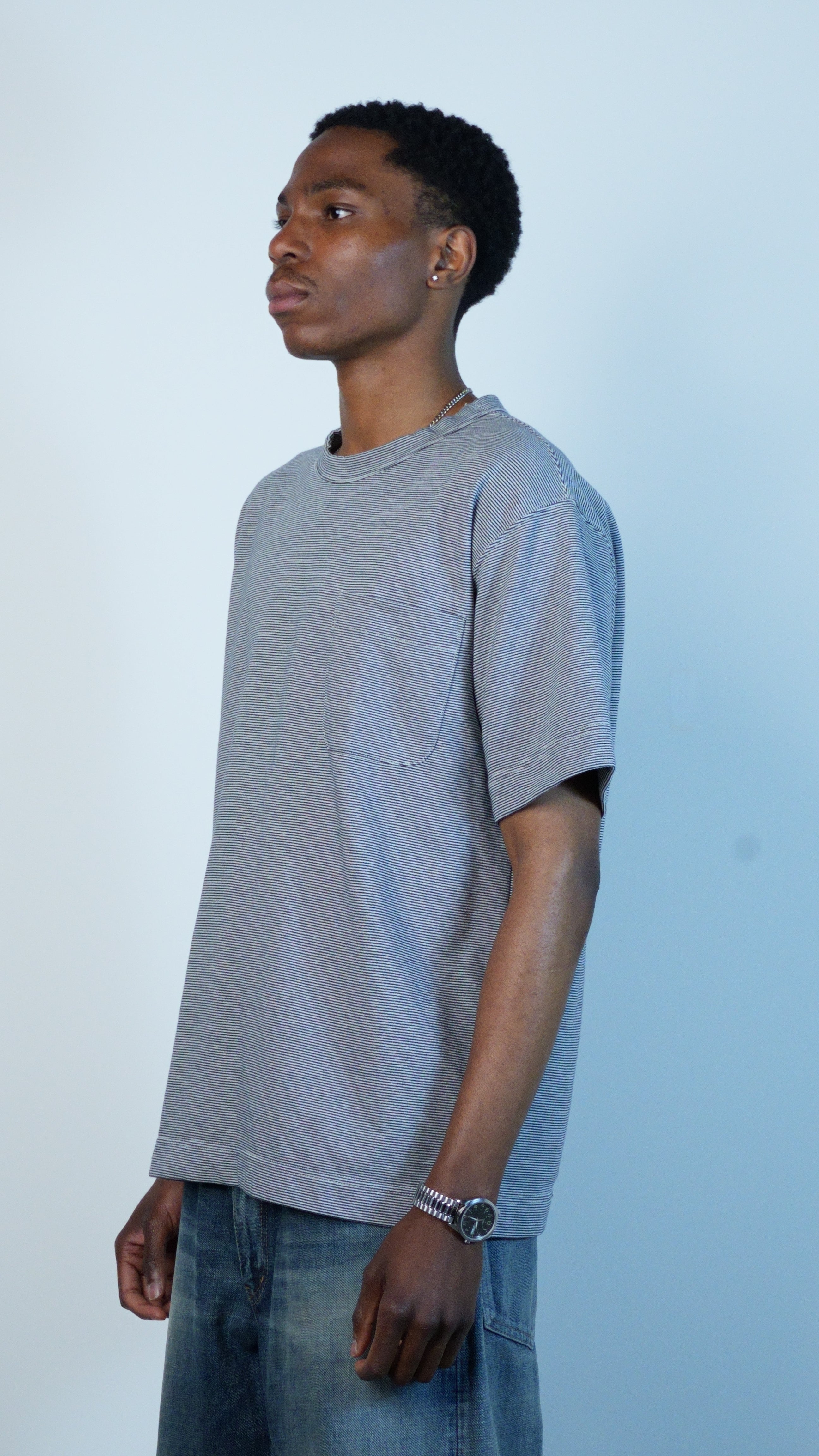Micro Stripe Pocket Tee Navy x White