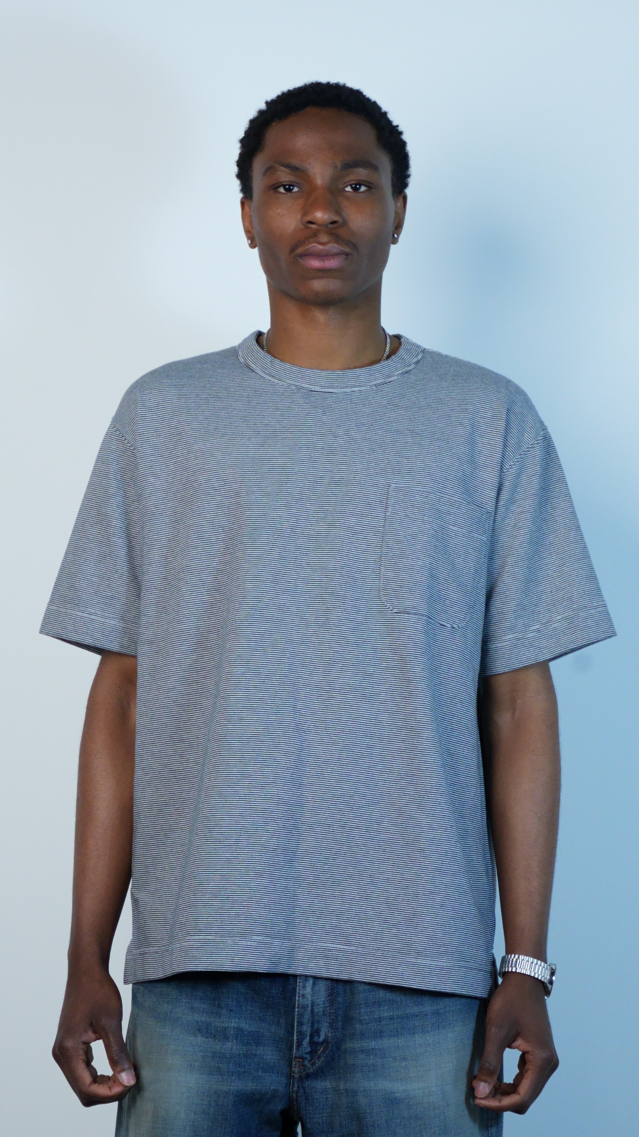 Micro Stripe Pocket Tee Navy x White