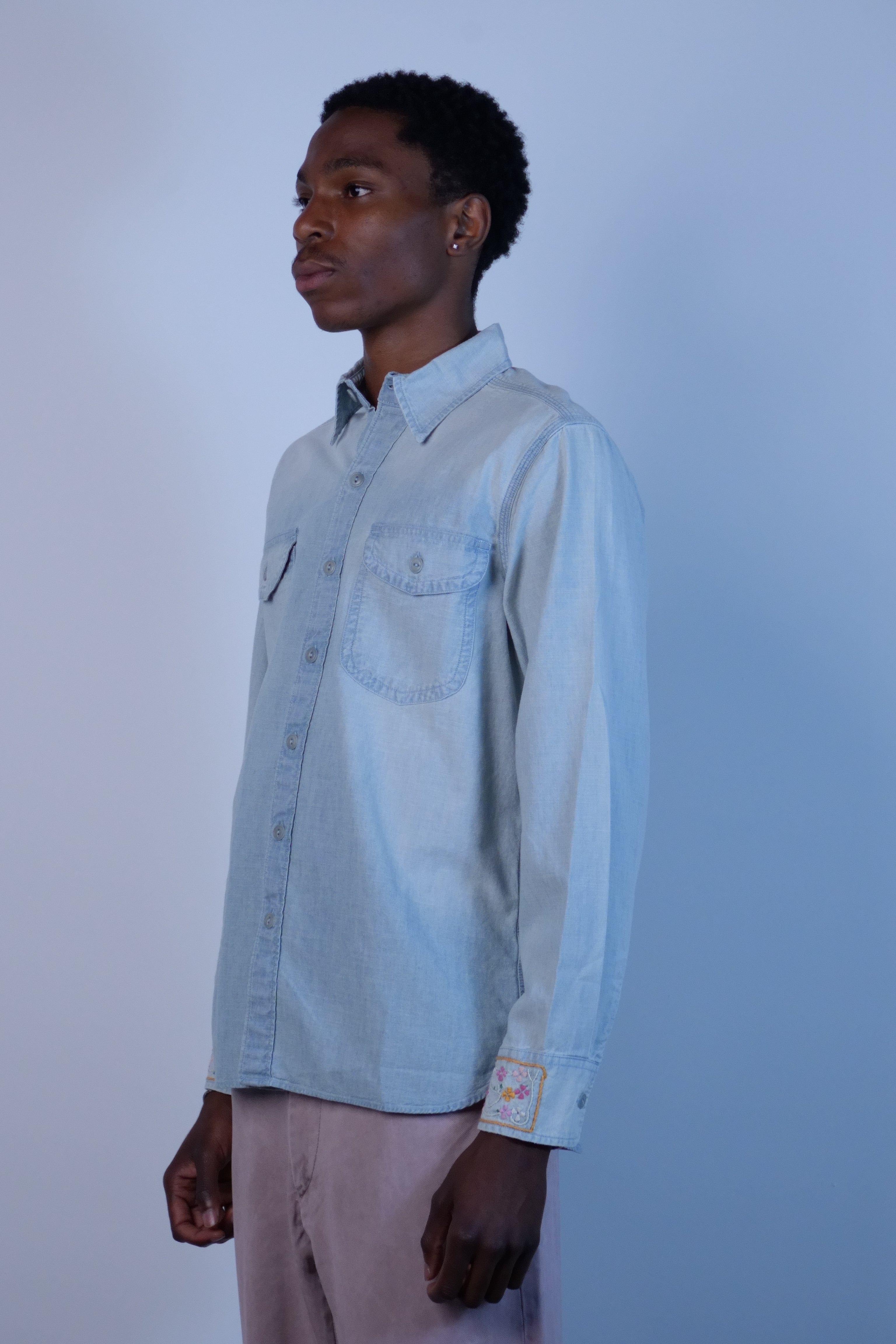 Embroidered Chambray Workshirt Washed And Sunfaded Indigo
