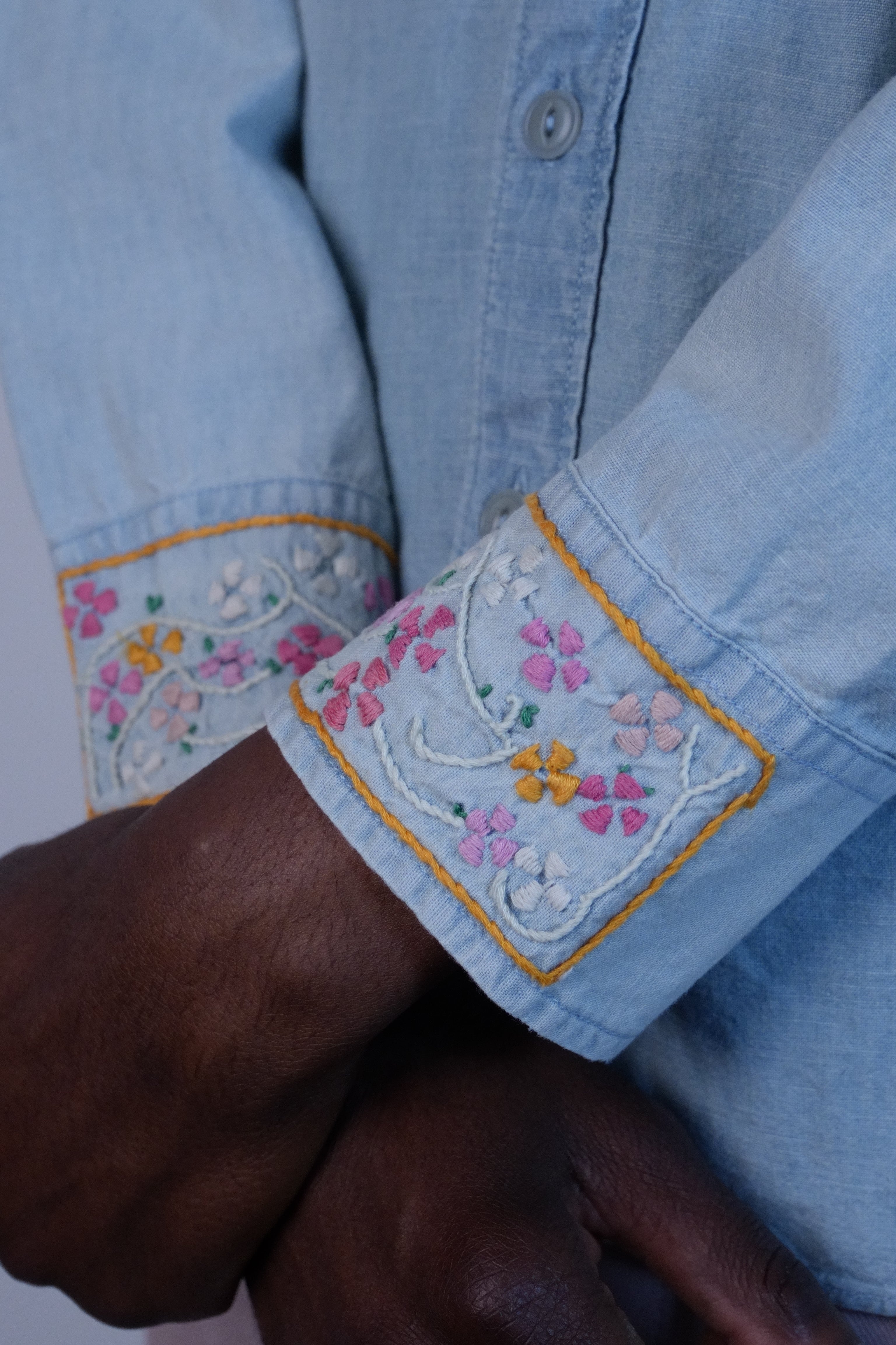 Embroidered Chambray Workshirt Washed And Sunfaded Indigo