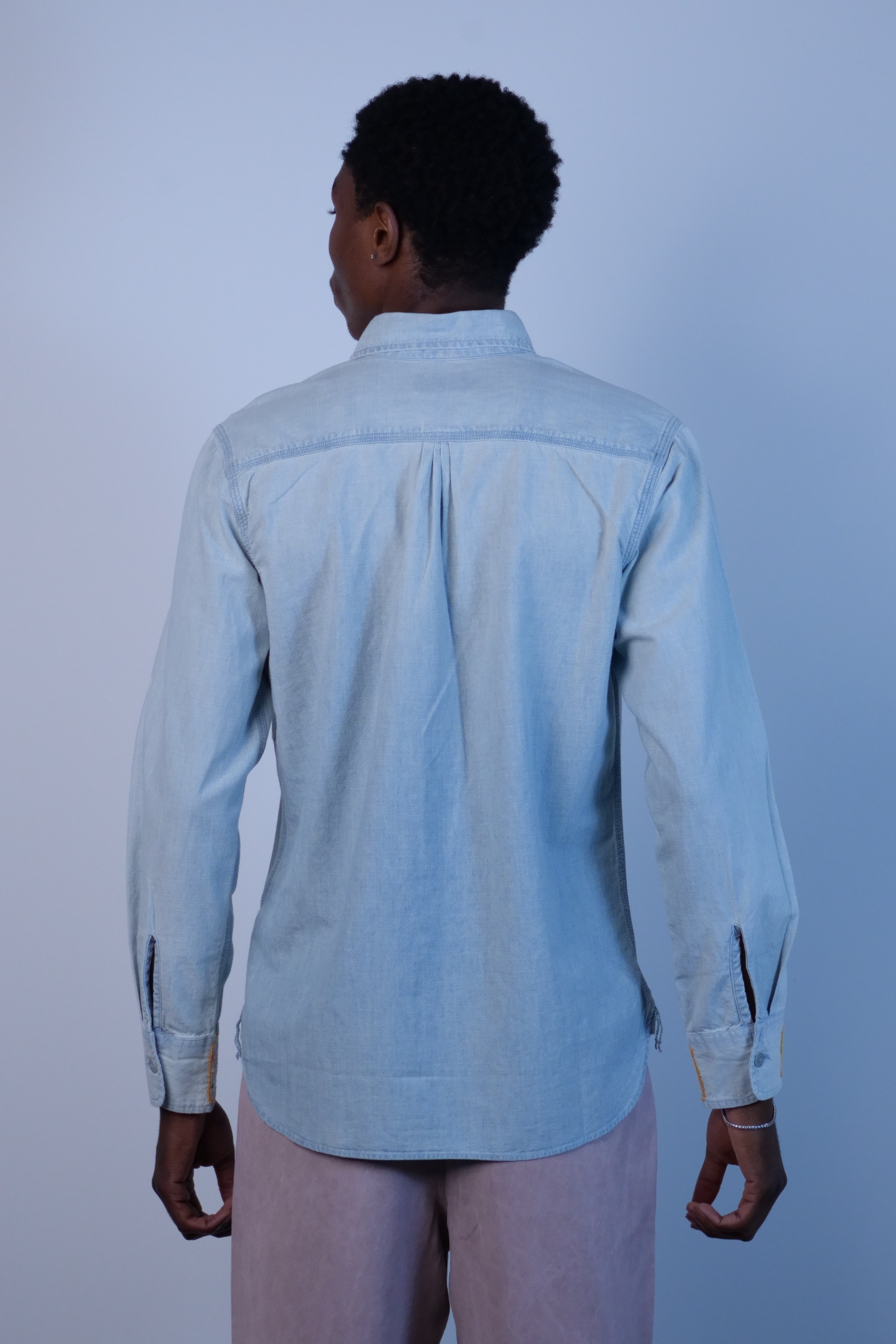 Embroidered Chambray Workshirt Washed And Sunfaded Indigo