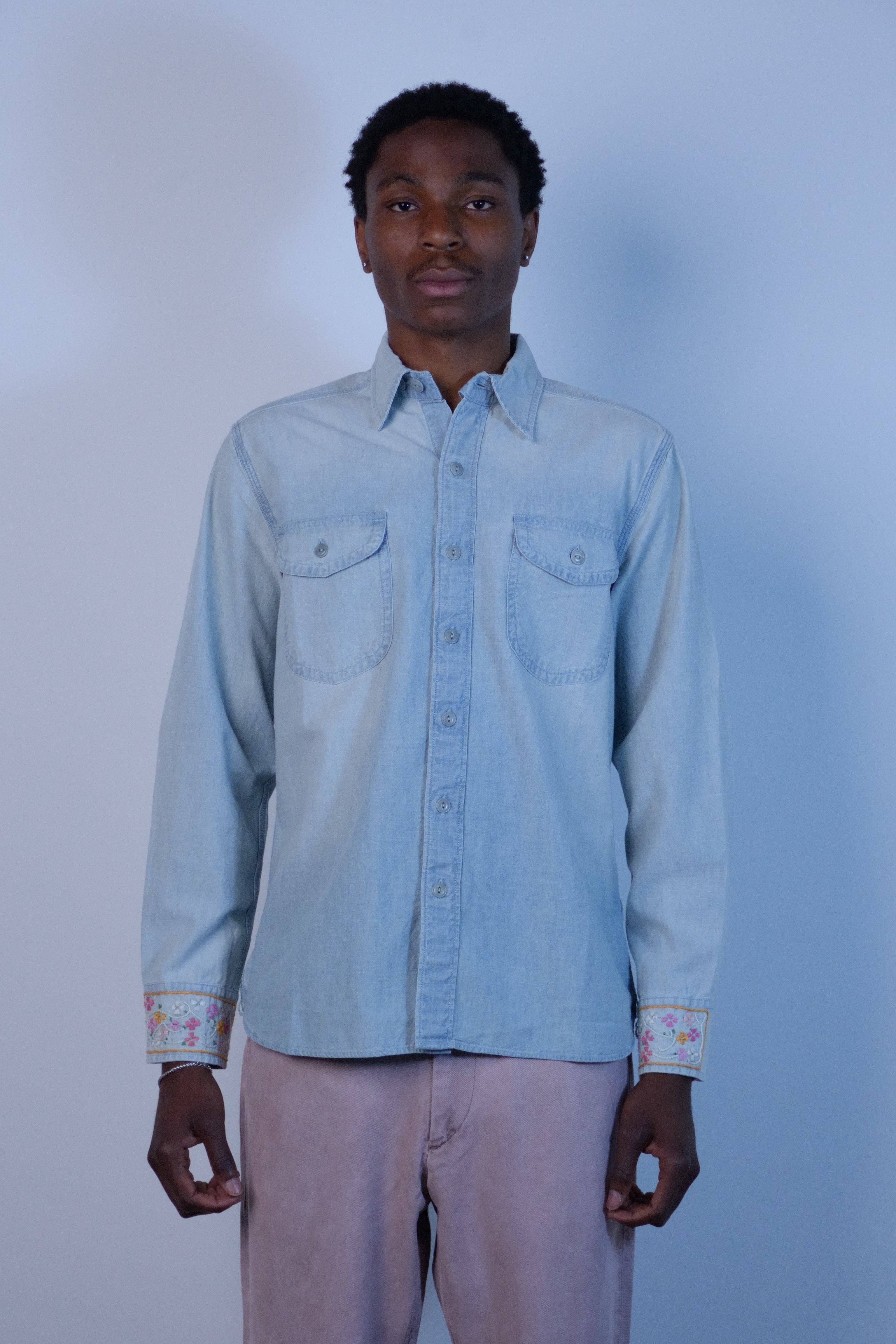 Embroidered Chambray Workshirt Washed And Sunfaded Indigo