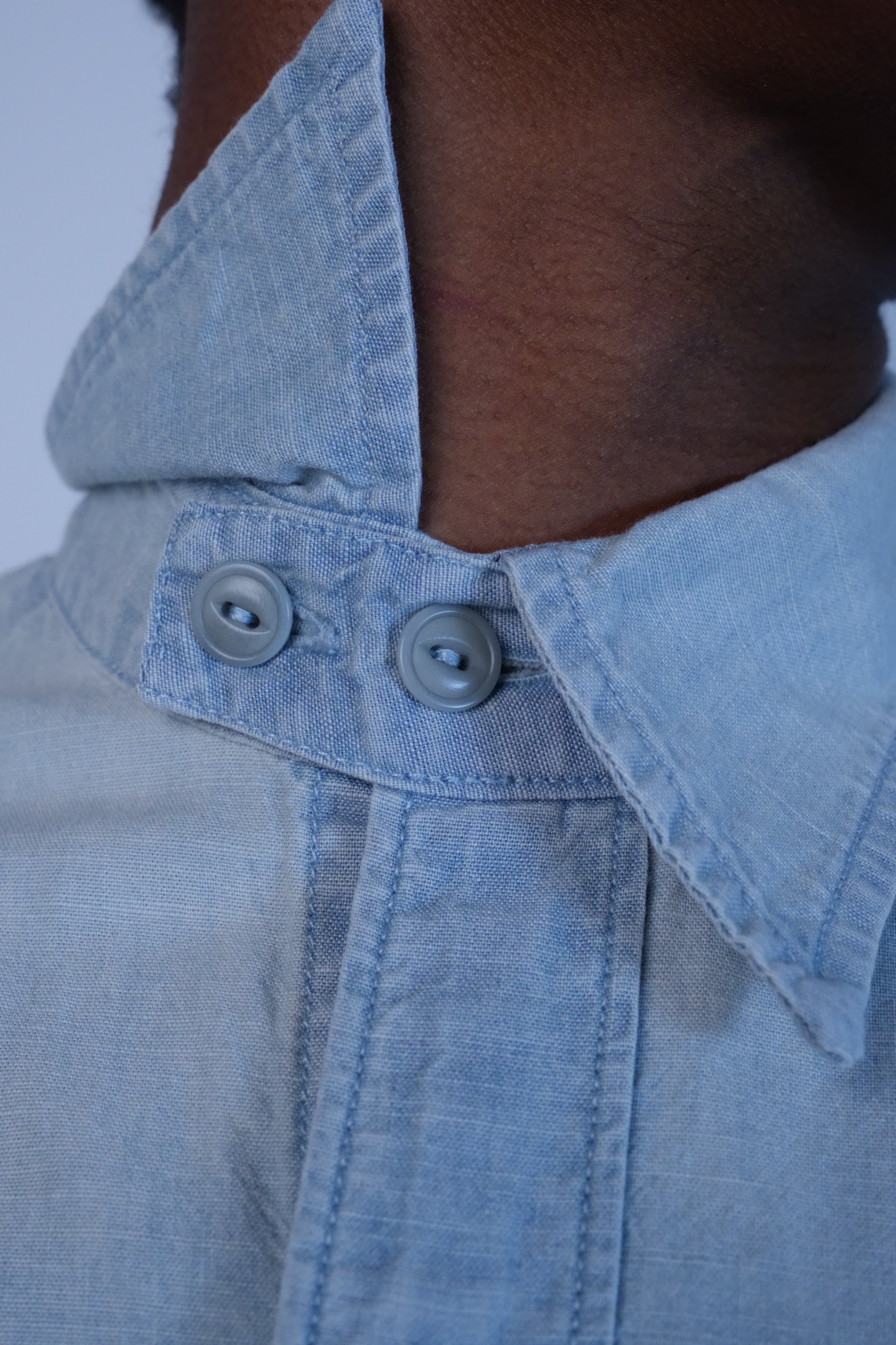 Embroidered Chambray Workshirt Washed And Sunfaded Indigo