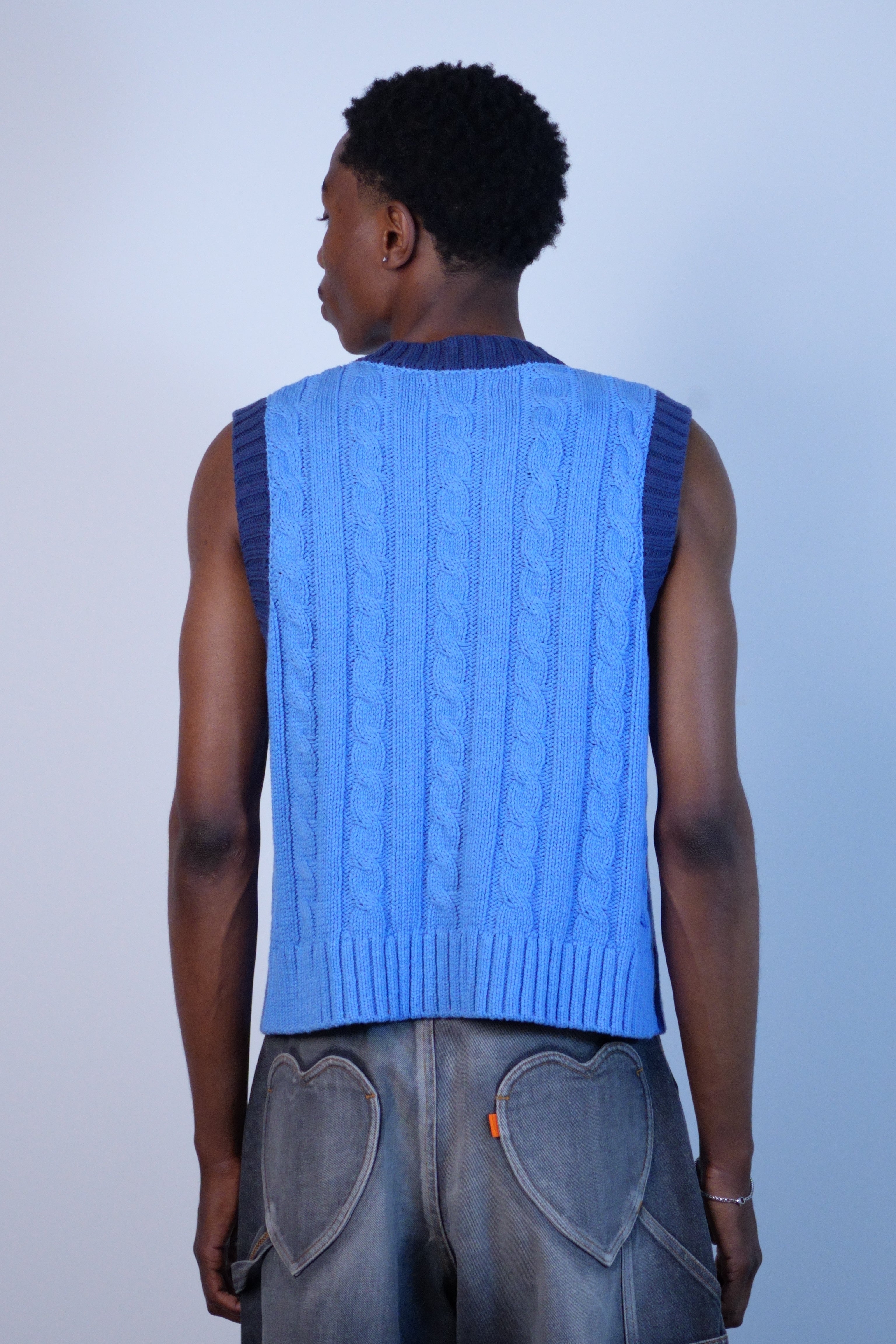 Cable Knit Ringer Vest Sax Blue