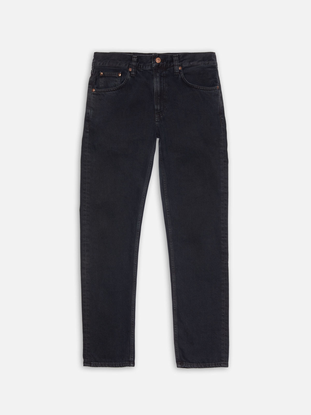 Nudie Jeans Gritty Jackson in Black Forest, a pair of men's regular straight fit jeans laid flat against a white background.