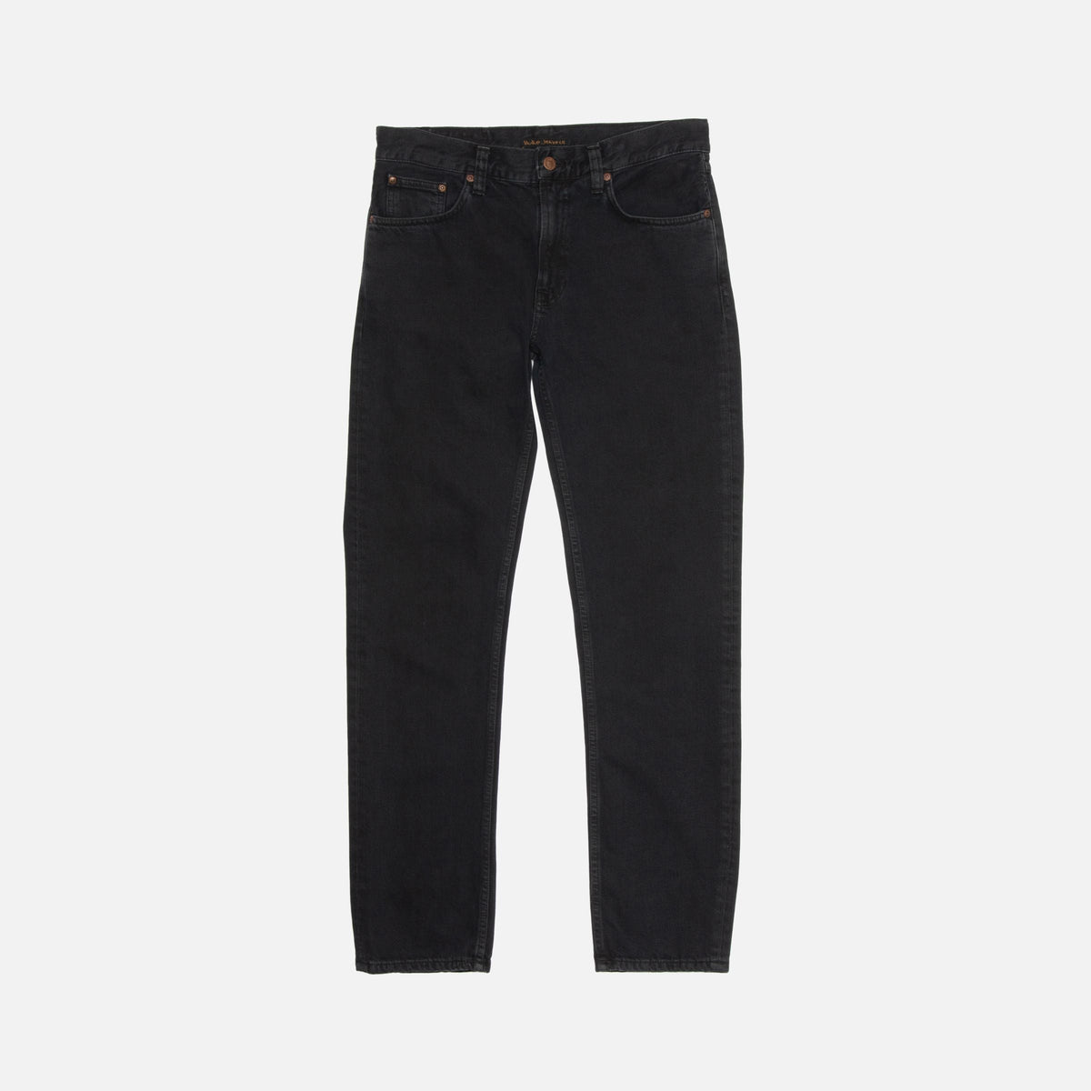Nudie Jeans Gritty Jackson in Black Forest, men's regular fit jeans shown laid flat against a white background.