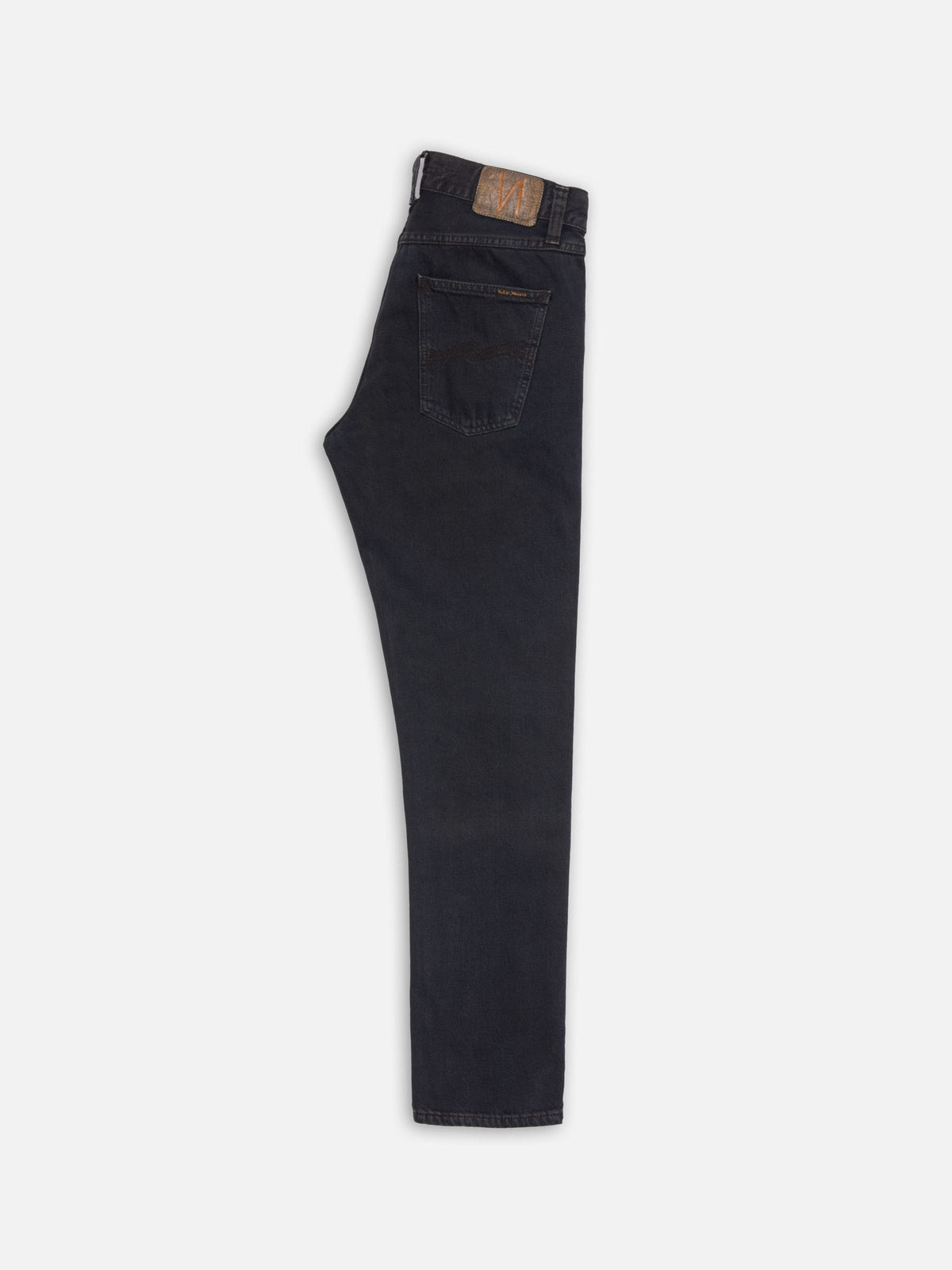 Nudie Jeans Gritty Jackson jeans in Black Forest, a men's regular fit, shown folded and laid flat against a white background.