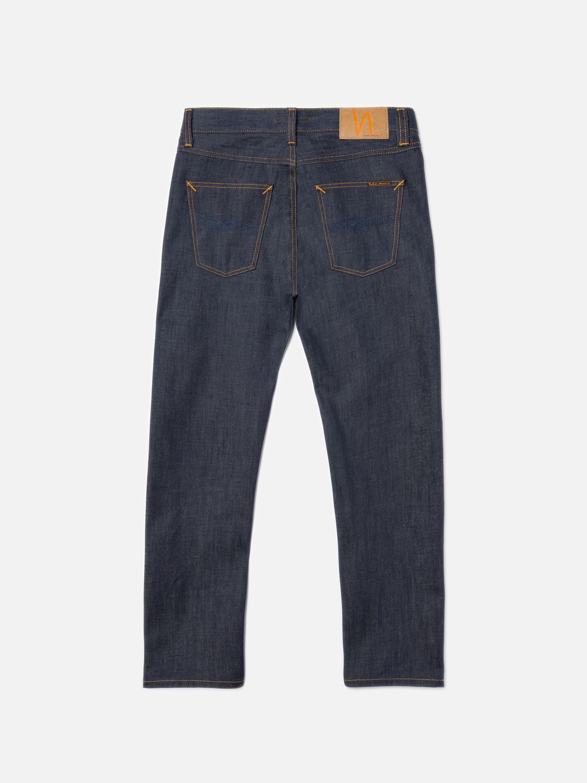 Nudie Jeans Gritty Jackson Dry Old, men's regular fit jeans shown from the back, laid flat against a white background.