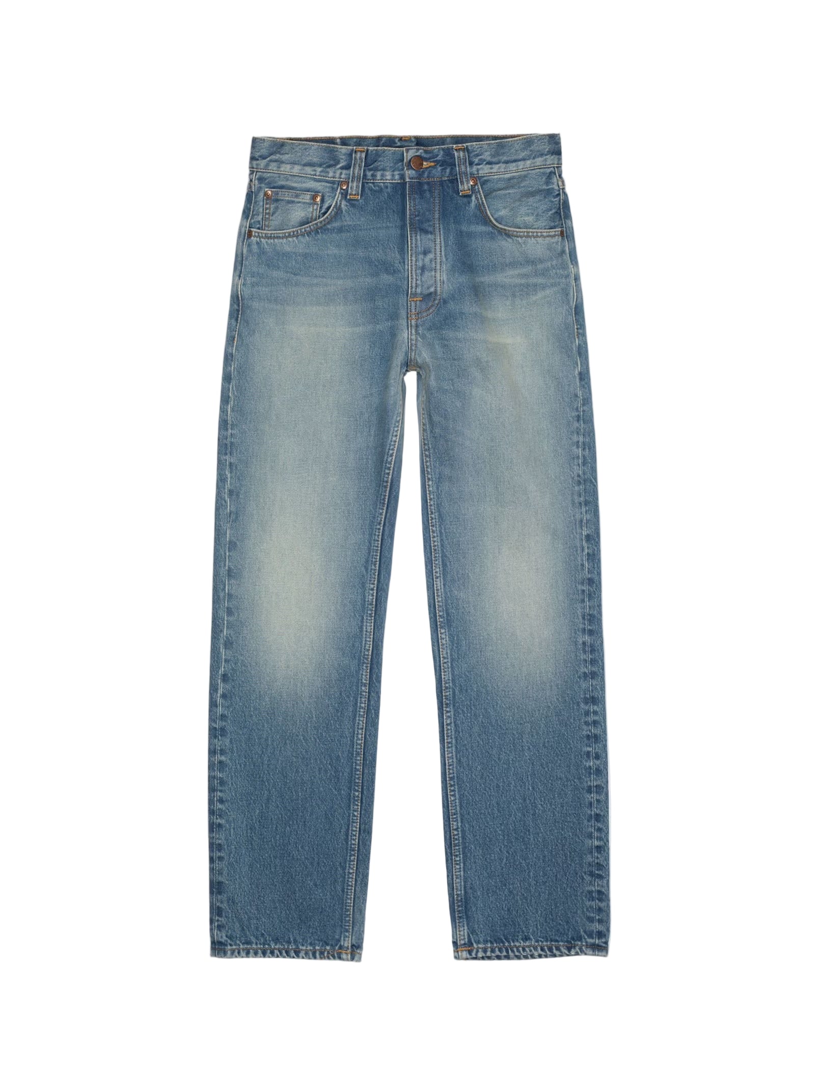 A pair of high-waist, regular-fit, straight-leg blue jeans with a vintage-inspired aesthetic, featuring sharp wear marks and a wash that enhances the denim texture.
