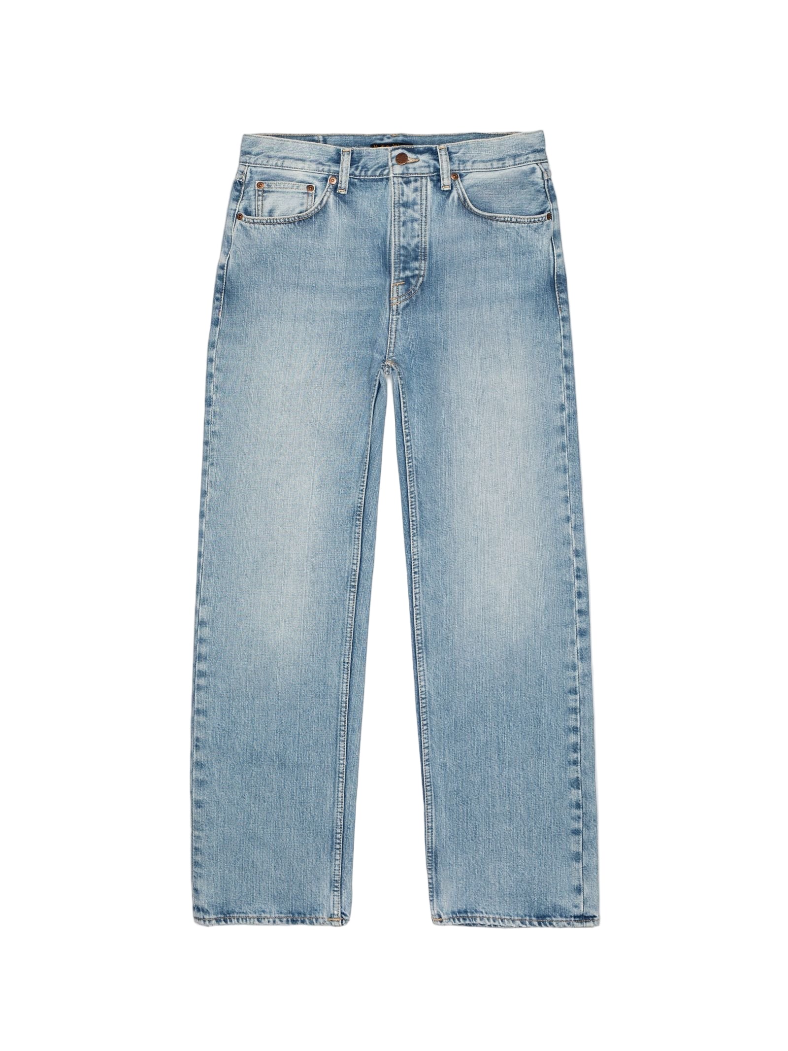 A pair of wide-legged, high-waisted vintage-style jeans with copper trims and a button fly.