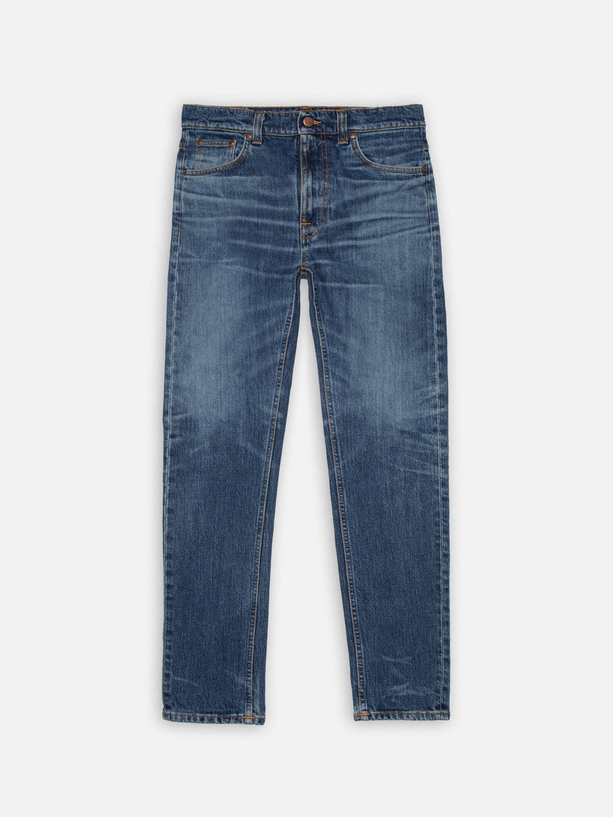 Nudie Jeans Solid Ollie Life Tracks, men's slim fit jeans in a faded blue wash, laid flat against a white background.