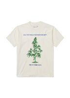 A beige graphic tee with a tree design and text on it, displayed against a white background.