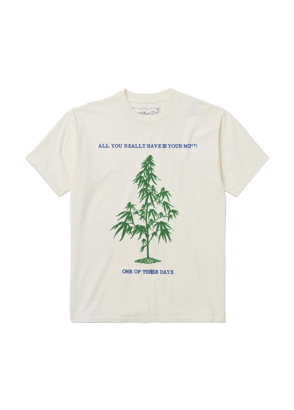 A beige graphic tee with a tree design and text on it, displayed against a white background.