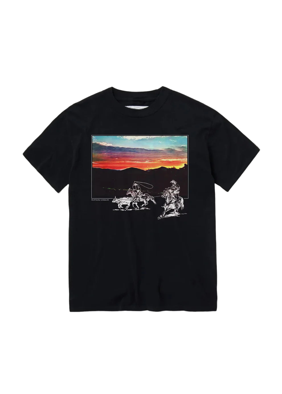 A black t-shirt with a vintage-inspired faded graphic print in the center, featuring a Western storytelling motif.