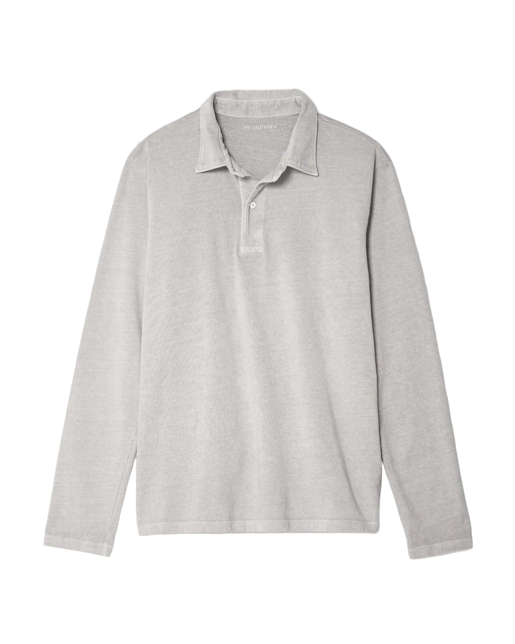 Light gray long-sleeve polo shirt on a light gray background