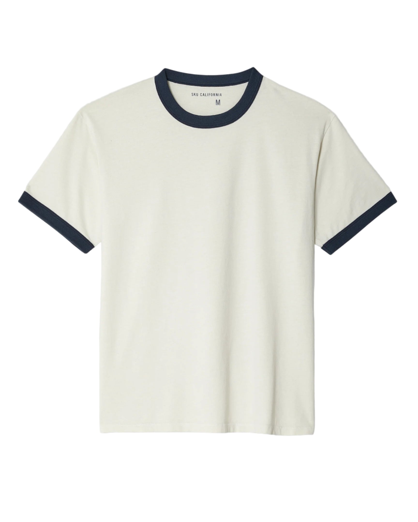 White t-shirt with navy ringer design on a light gray background