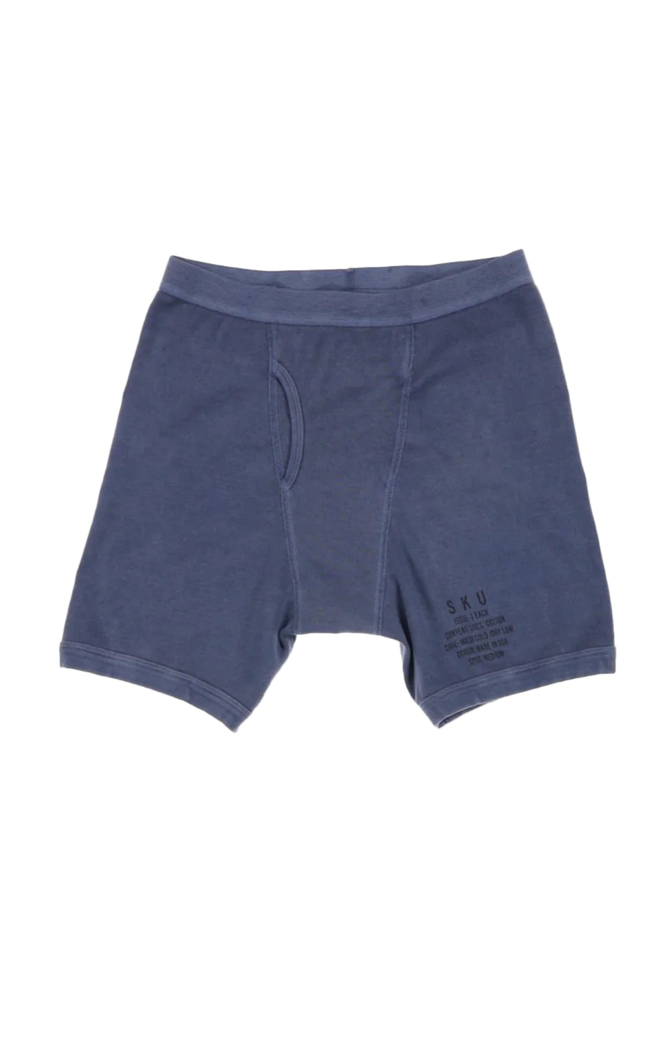 Blue boxer briefs on a light gray background