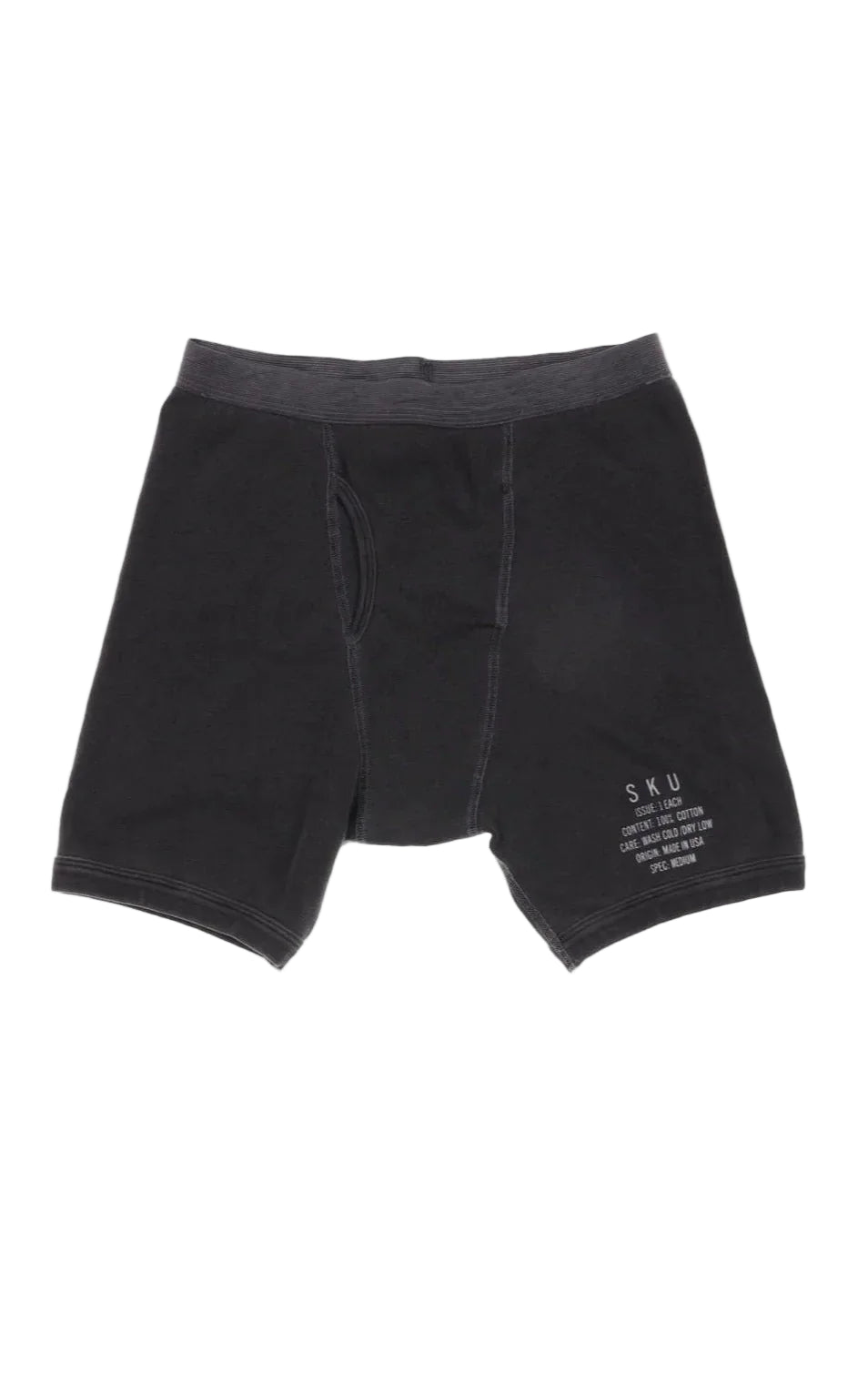 A pair of black Supima rib boxer briefs with a elastic waistband and a small text logo on the left leg.