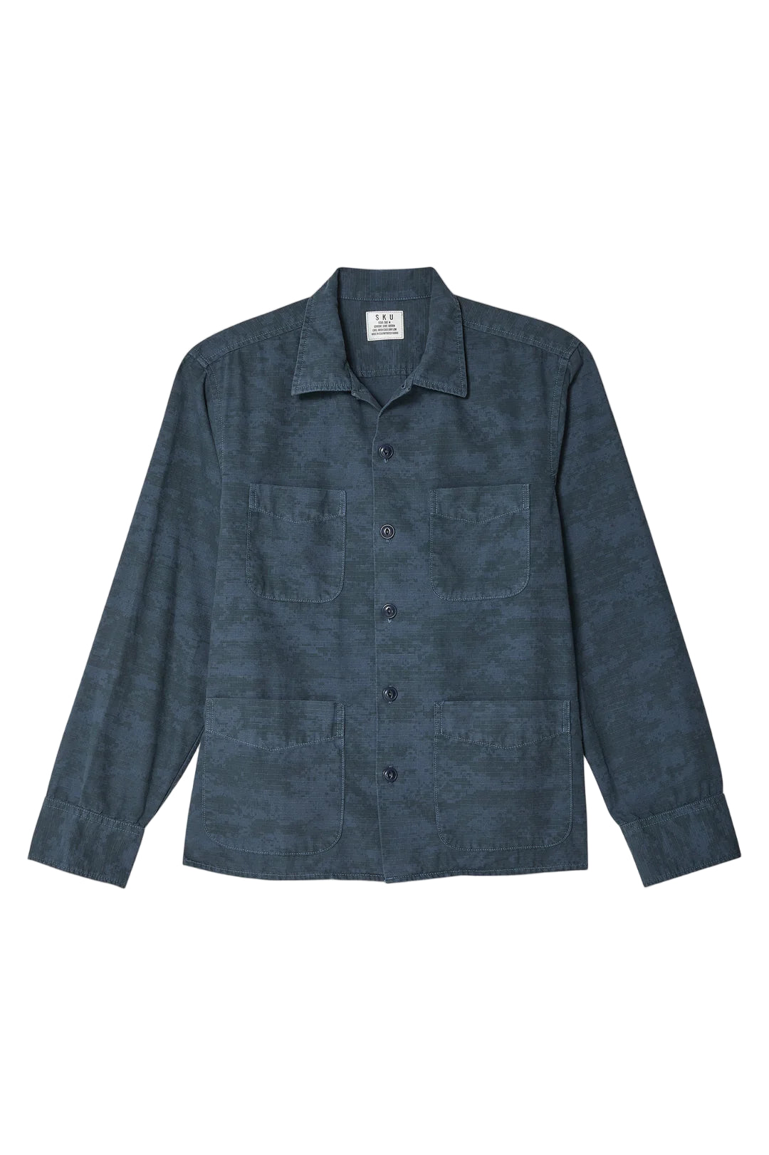 A navy overdyed camo shirt jacket with long sleeves, displayed against a plain background.