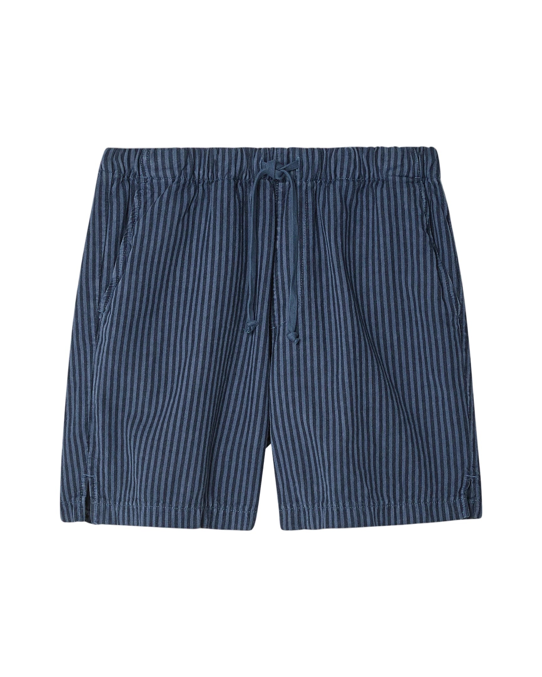 Blue striped shorts on a light gray background