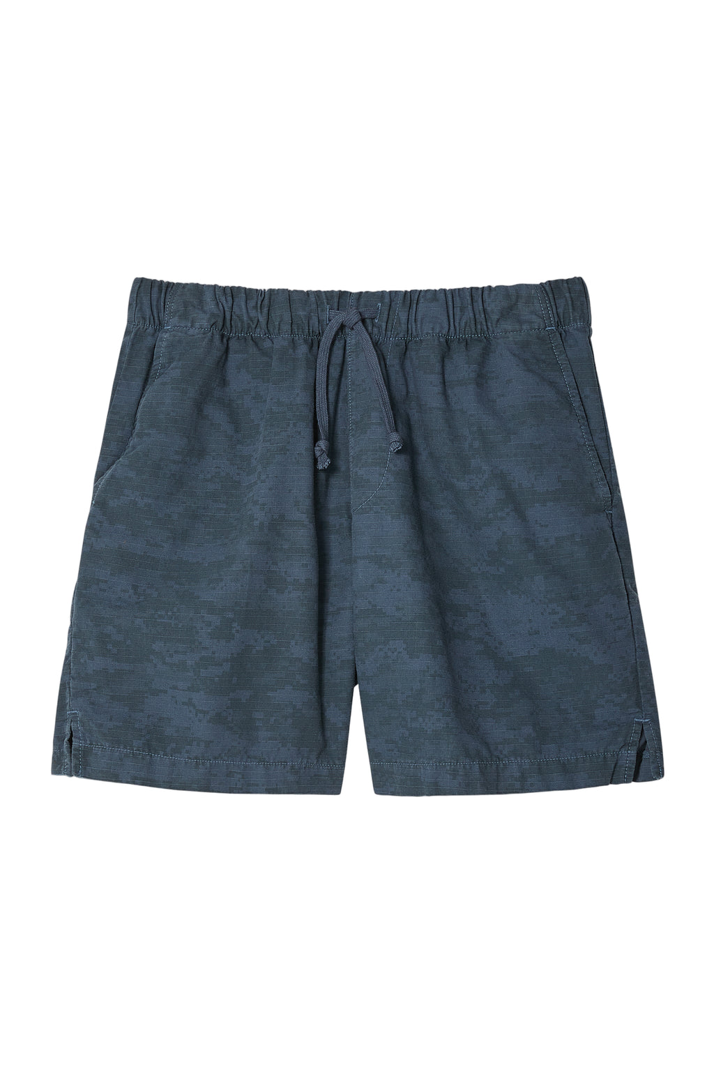 Blue shorts with a drawstring on a light gray background