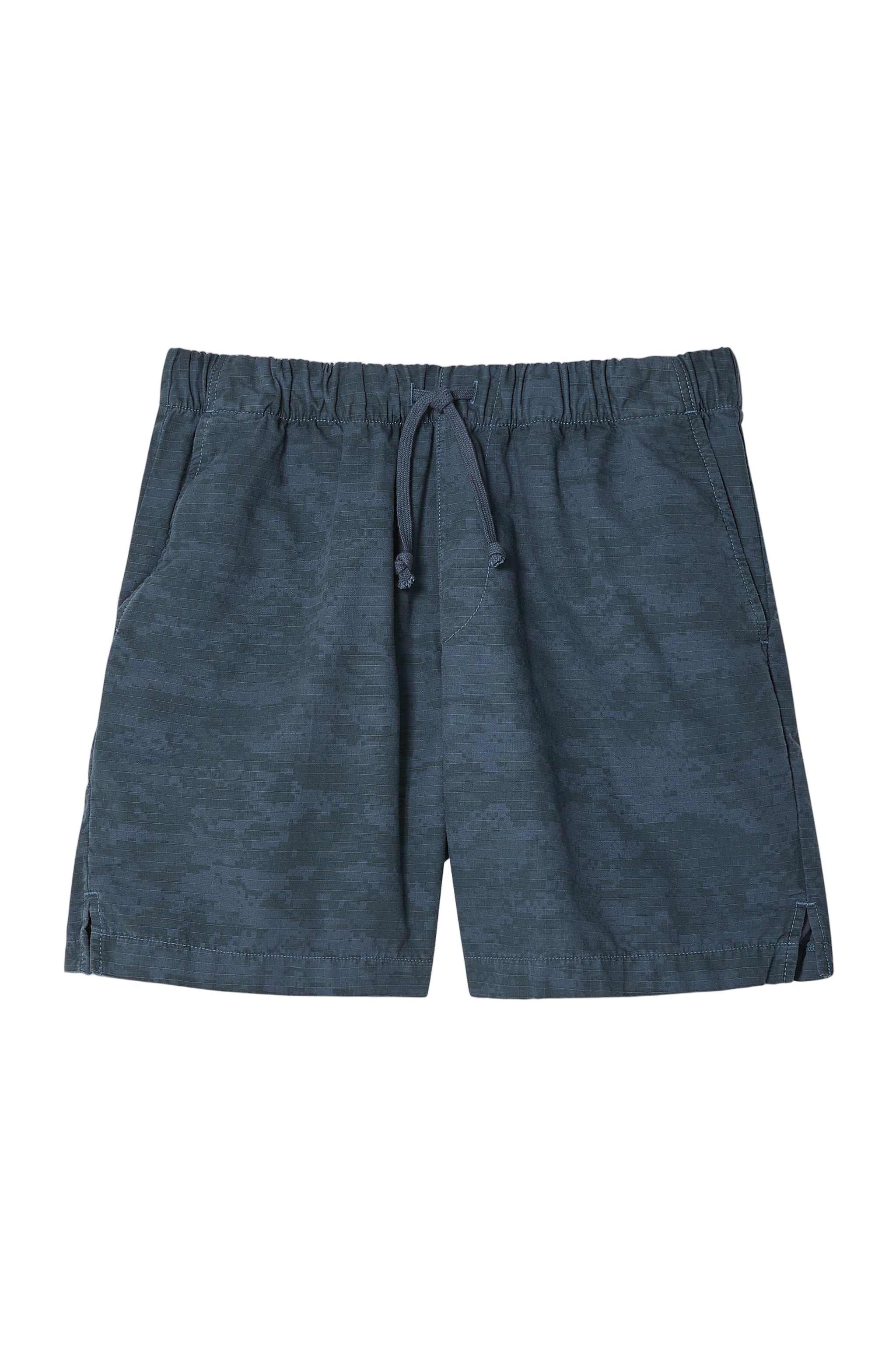 Blue shorts with a drawstring on a light gray background