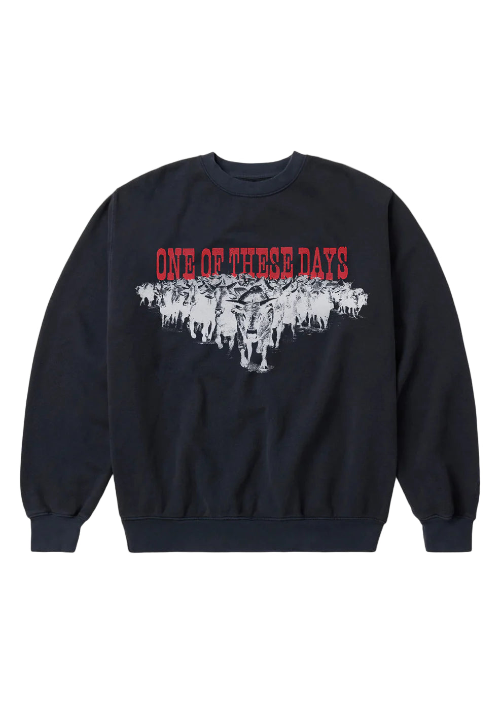 A washed black crewneck sweatshirt with a bold graphic print in the center, cut and sewn in the USA.